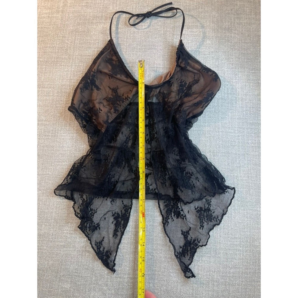 Black Floral Lace Sheer Halter Top Handkerchief Hem Nude Lining Tie Neck - Picture 2 of 5